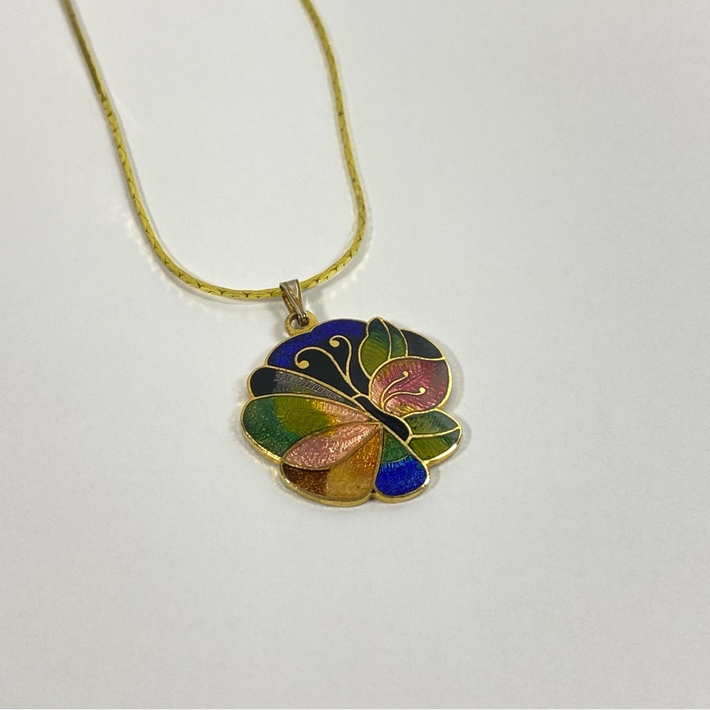 Cloisonné Butterfly Pendant On Gold Tone Chain Necklace